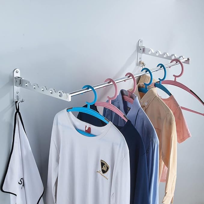 Small Wall Clothes Rail, Aluminium Foldable Drying Rack Hook 90° Rotation Coat Hanger for Laundry Bathroom Balcony (Silver Fixed Seats+Rod)