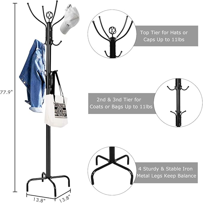 MEDIMALL Coat Rack Freestanding, Metal Hall Tree, Free Standing Coat Tree for Hat, Coat, Jacket, Umbrella, Entryway Coat Hanger Stand with Base, Black