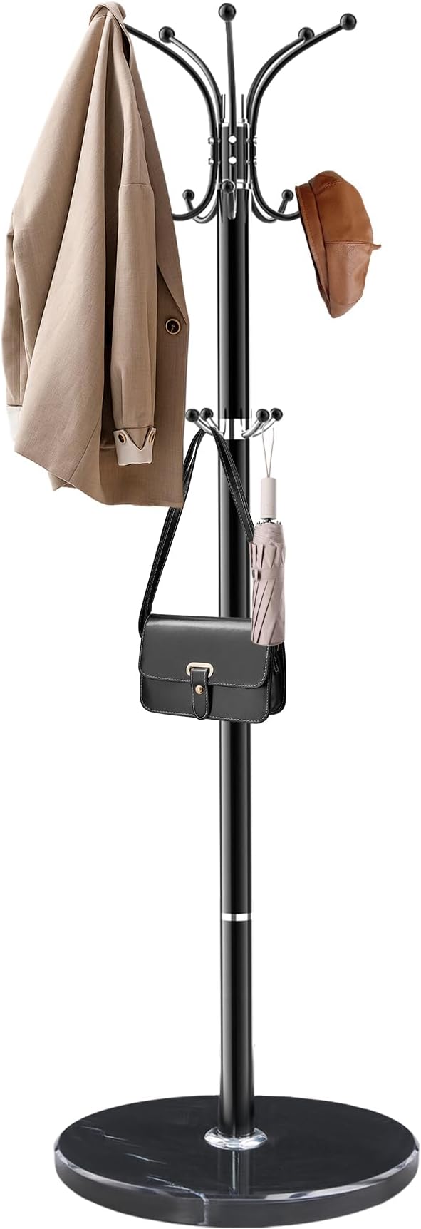 Metal Coat Rack with Natural Marble Base,360°Rotary Coat Rack Stand with 14 Hooks,Modern Freestanging Coat Racks, Black Coat Jacket Hanger Clothes Tree Stand for Entryway,Corner