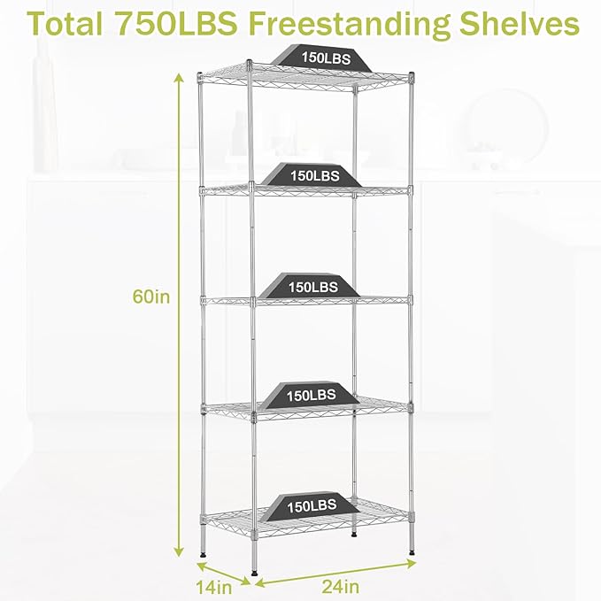 Storage Shelves Heavy Duty Metal Shelving Unit with Leveling Feet, 5 Tier Adjustable Garage Storage Rack, 750 LBS, Utility Metal Shelves for Pantry Kitchen Office (Chrome, 24" L x 14" W x60" H)
