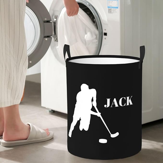 Personalized Laundry Basket for Nursery, Custom Nursery Laundry Hamper with Name, Customize Baby Clothes Circular Hamper for Boys Girls Room Decor, Hockey