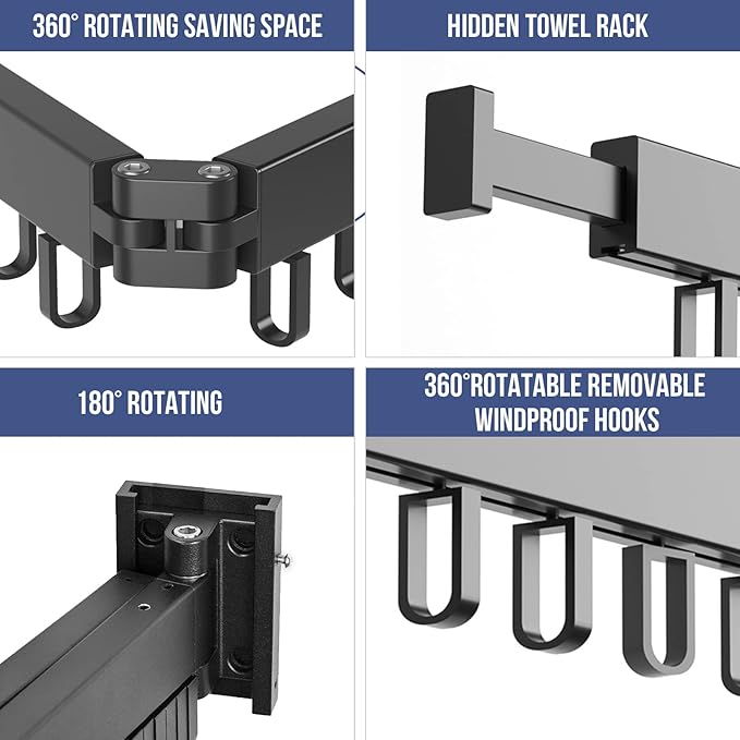 MIFXIN Clothes Drying Rack Foldable Wall Mounted Retractable Laundry Drying Rack Two-Fold Collapsible Clothes Hanger Folding Clothing Rack for Laundry Balcony (Black)