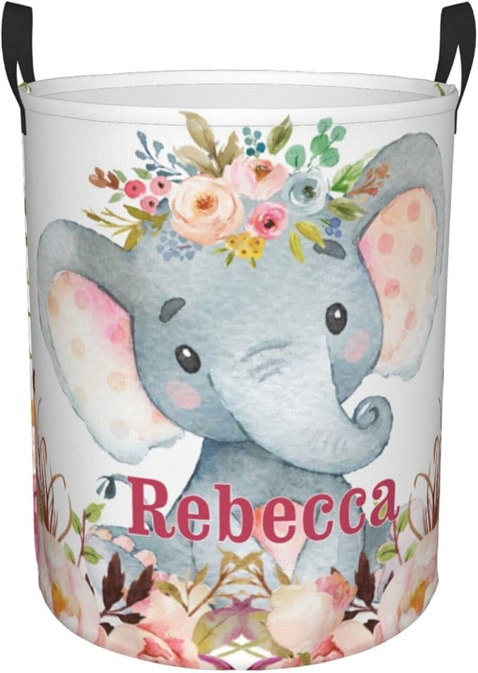 Watercolor Elephant Flower Personalized Laundry Hamper Custom with Name Collapsible Waterproof Storage Basket with Handles for Bedroom Clothes Toys.