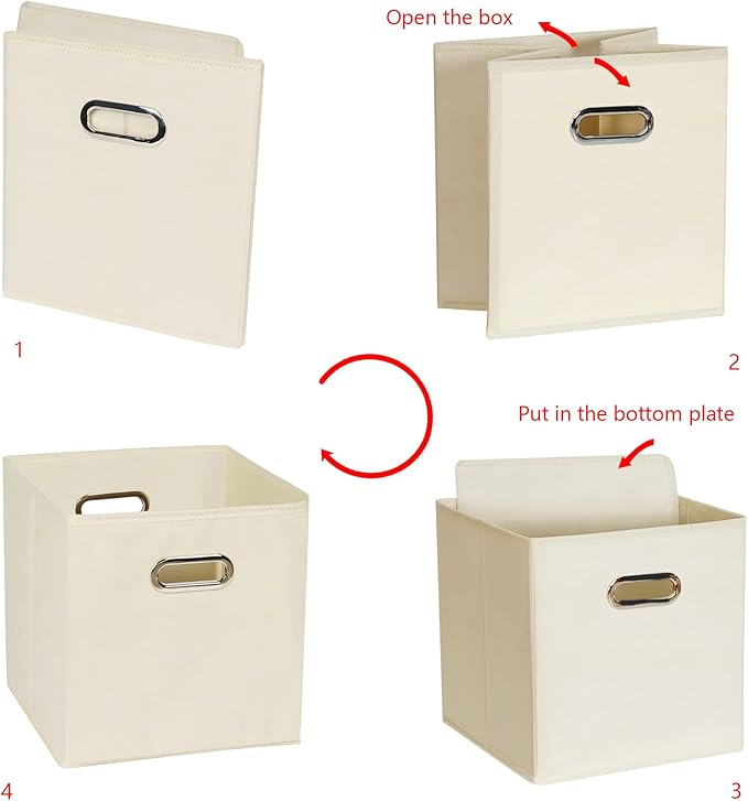 Yunkeeeper storage bins Cubes, Fabric Cube Organizer with Handle, Foldable Cube Bins for Cloth or Accessary Storage, 11x11x11, Set of 3, (Creamy White)