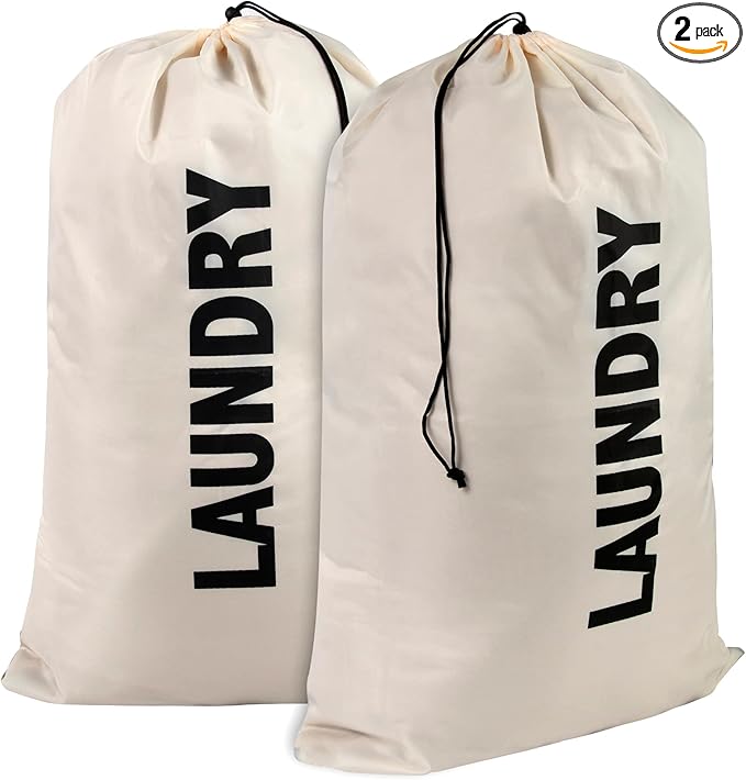 Washable Drawstring Laundry Bags 2 Pack Extra Large Heavy Duty College Dorm Dirty Laundry Clothes Travel Bag and Gym Clothes Bag for Guys and Girls (Cream "Laundry")