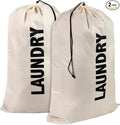 Washable Drawstring Laundry Bags 2 Pack Extra Large Heavy Duty College Dorm Dirty Laundry Clothes Travel Bag and Gym Clothes Bag for Guys and Girls (Cream "Laundry")