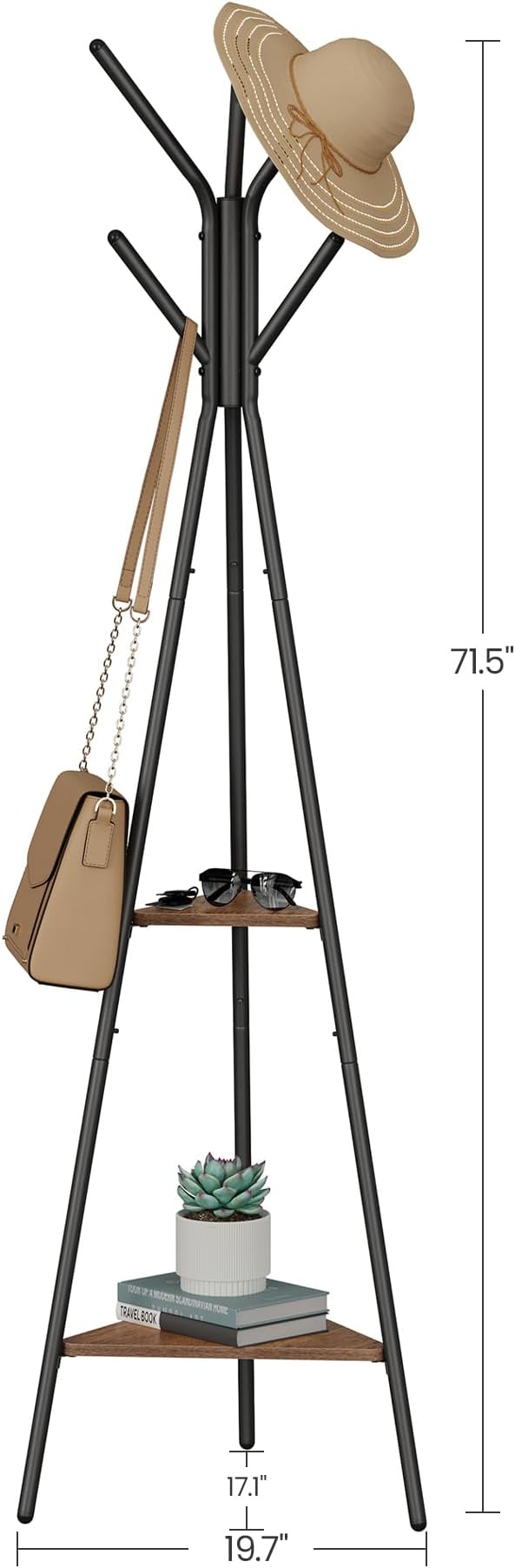 VASAGLE Coat Rack Freestanding, Coat Hanger Stand, Hall Tree with 2 Shelves, for Clothes, Hat, Bag, Industrial Style, Hazelnut Brown and Black