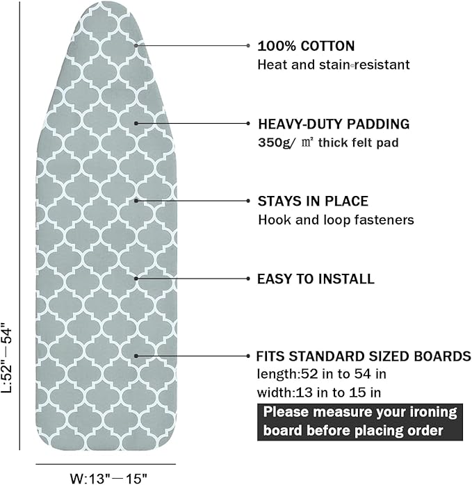 Ironing Board Cover and Pad Standard Size 15" x 54",3 Pairs of Hook and Loop Fastener Straps,Elastic Edges,Cotton Iron Board Cover with Scorch Resistant Thick Padding(012)