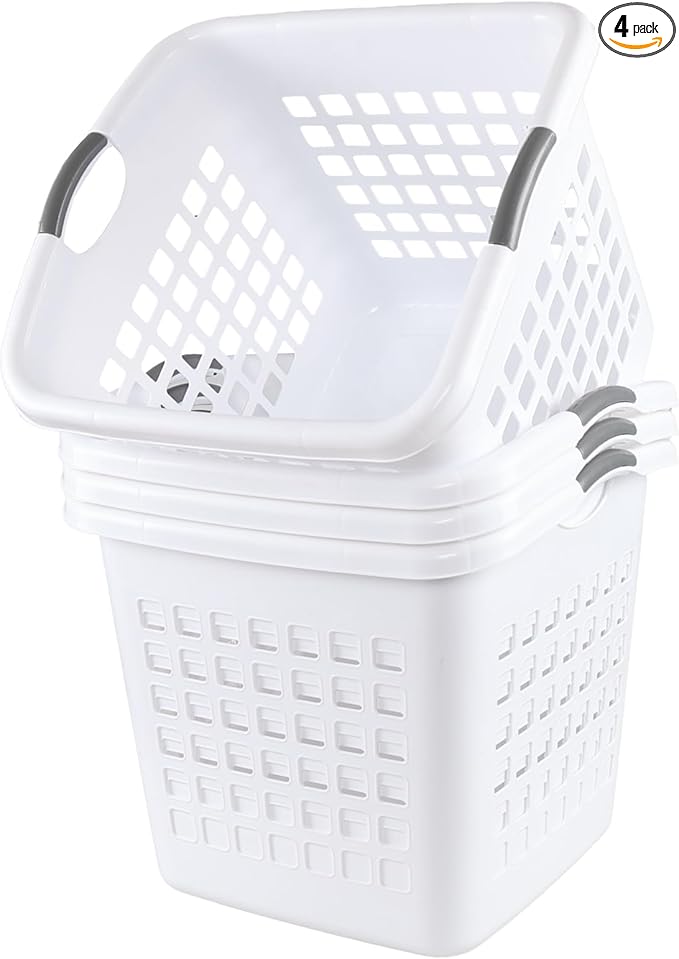 4 Pack 2 Bushel Ultra Laundry Basket, 72 L Square Large Plastic Laundry Basket with Handles, White