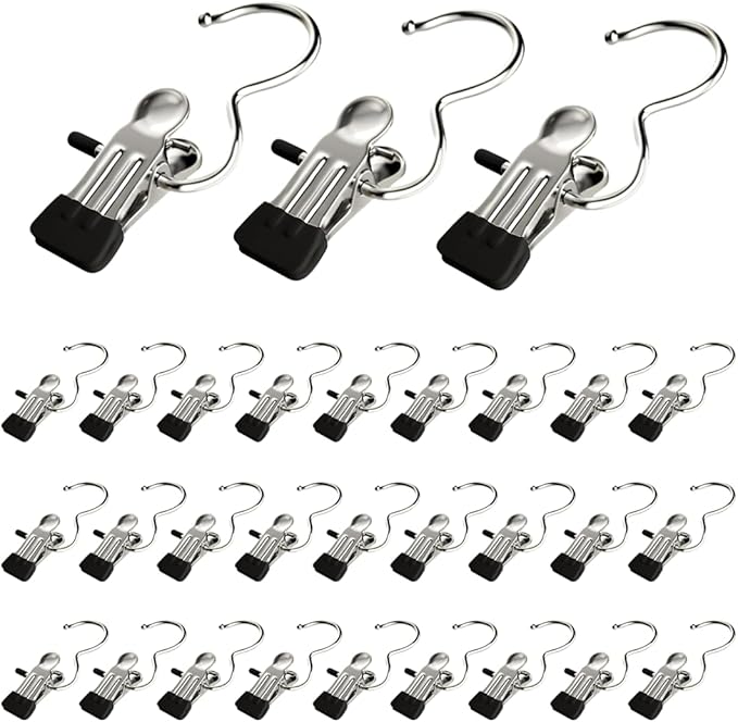 Clothes Pins, 30 Pack Hanger Hooks, Stainless Steel Laundry Clips, Travel Hangers, Towel Clips, Legging Organizer for Closet Hanging, Space Saving Hanger Clips for Pants, Jeans, Hats, Boot(30P+Black)