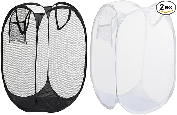 2 PCS Clothes Hampers for Laundry Stackable Divided Baskets Lightweight Room Collapsible Storage Bin 2 Packs Mesh Bags for Home, Dorm, Travel, Camping (Black & White)