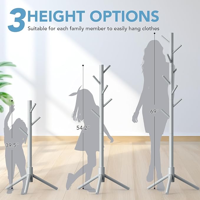 Wooden Coat Rack Freestanding with 8 Hooks,Easy Assembly New Zealand Pine Tree Coat Racks, 3 Adjustable Sizes for Clothes, Hats, Bags, for Entryway, Hallway, Bedroom, Office (Grey, 1 PC)