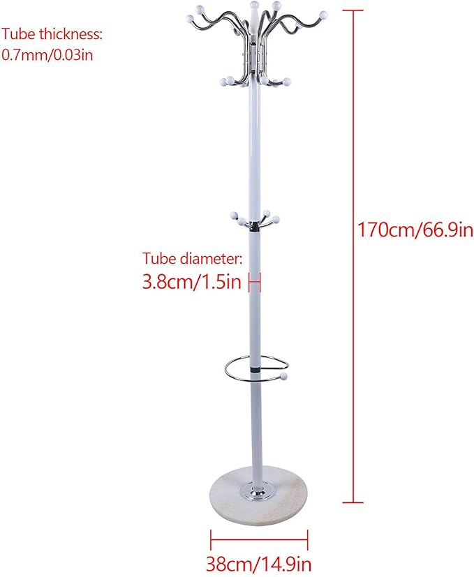 69" Entryway standing Coat Rack Stand Coat Hanger White Satin Steel Finish Stable Marble Base with 16 Hooks, High-Grade Metal Tree Hat Stand Floor Standing Wall Bedroom Hall Organizer Storage