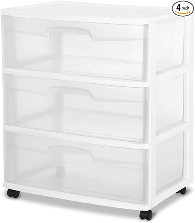 Sterilite Wide 3 Drawer Storage Cart, Plastic Rolling Cart with Wheels to Organize Clothes in Bedroom, Closet, White with Clear Drawers, 4-Pack