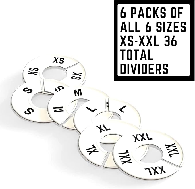 Discount Sizing- Round Clothing Dividers Size Hanger Rack Dividing 36 Pack 6 Each Size (XS-XXL) - Great for Retail, Boutiques, Personal Closet Storage & Organization (White)