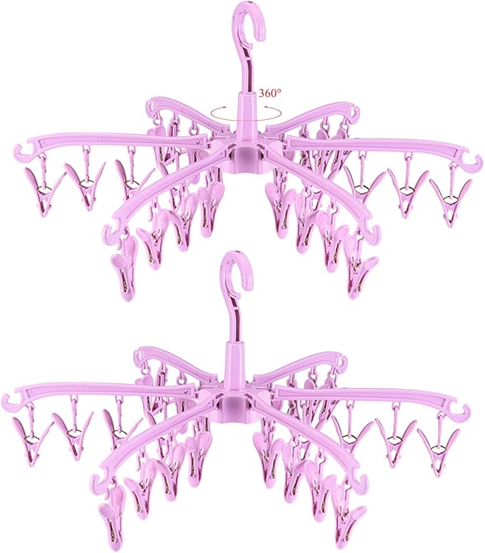 Foldable Drying Rack with 24 Clips for Drying Socks Lingerie Baby Clothes Drying Towels Rotatable Sock Drying Rack 2 PCS (Pink)