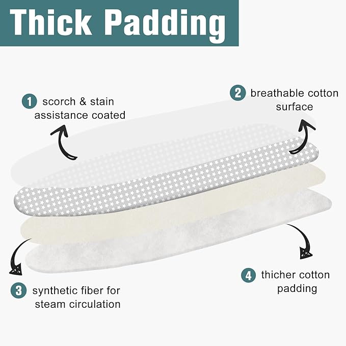 Ironing Board Cover and Pad 15" x 54", 4 Layers Extra Thick Iron Board Cover, Standard Size Ironing Board Cover Scorch Resistant Elastic Edge and Loop Fastener Strap