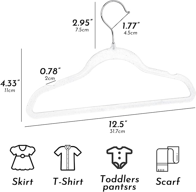 20-Pack Kids Glitter Clothes Hangers – Sparkly Non-Slip 12.5in (32cm) Slim Hangers for Nursery Closet Organization, Silver Glitter with Matching Hook