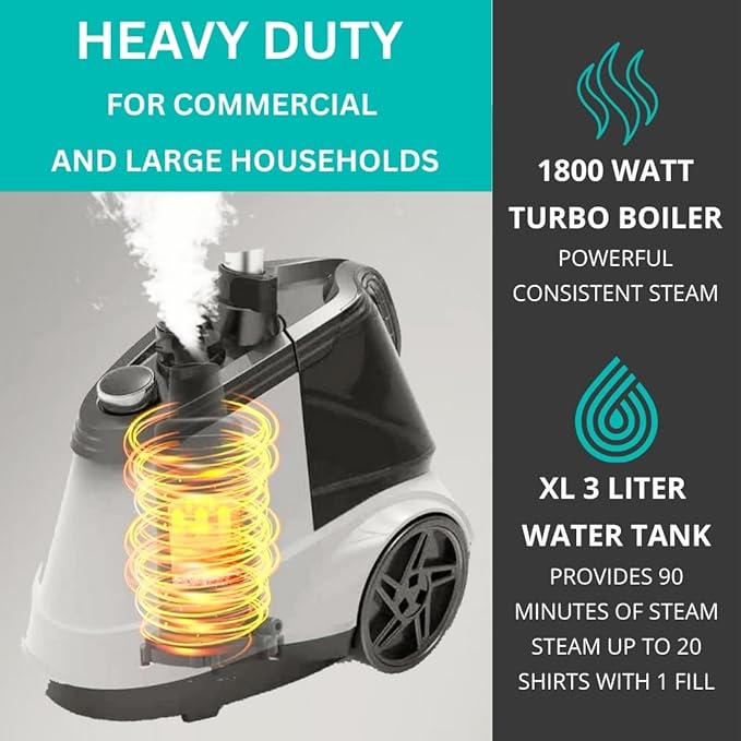 True & Tidy Heavy Duty Commercial Full Size Standing Garment Steamer for Clothes with Extra Large 3L (101 oz) Water Tank for 90+ mins of Steam Time, 1800 watts of Powerful Steam, 3 Settings, White