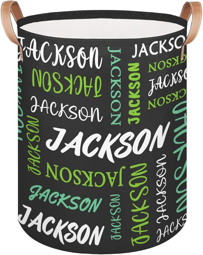 Custom Name Large Laundry-Basket for Kids-Boys-Girls, Personalized Foldable Waterproof Laundry Hamper Dirty Clothes Toys Storage Bin with Handles,Grey Green