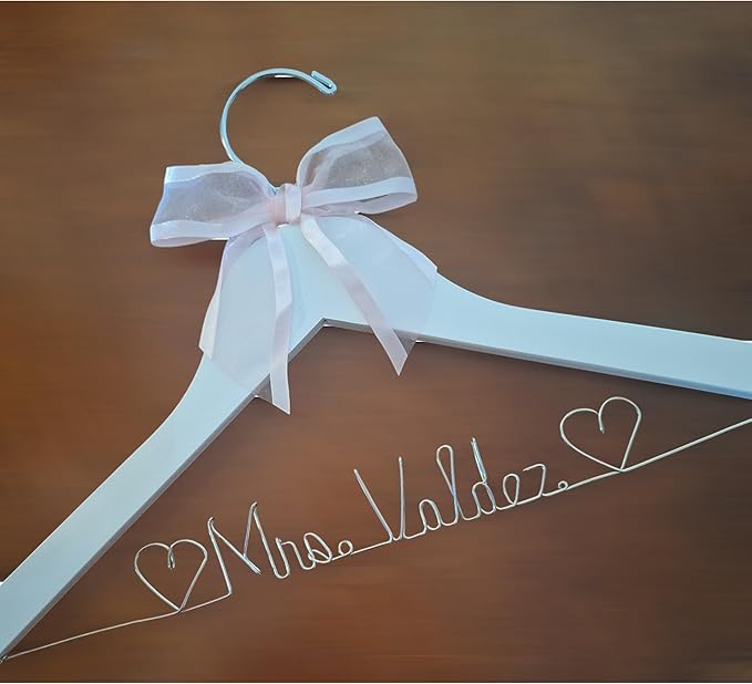Bride Wedding Hanger for Dress - Custom Name or Add The Date White or Dark Wood Hanger with Notches - Silver or Gold Wire Writing - Choice of 10 Bow Colors - Wedding Bridal Shower Judge Doctor Gift