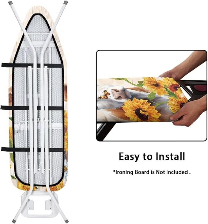 Sunflower Cow Ironing Board Cover and Pad Standard Full Size Iron Covers with Hook and Loop with Elastic Edge Scorch and Stain Resistant Thick Padding