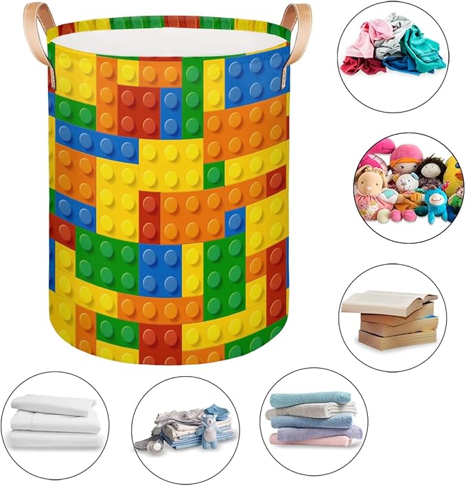 Colorful Building Blocks Large Laundry Basket - Kids Laundry Hamper with Handles - Collapsible Dirty Clothes Organizer Boys Toy Storage Bin Nursery Hamper for Bedroom Bathroom Decor