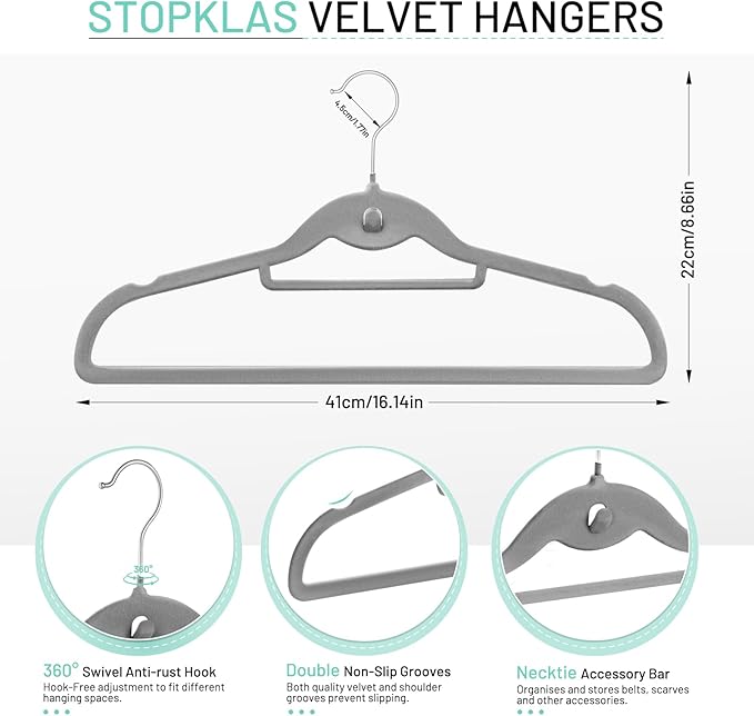 Velvet Stackable Hangers 30 Pack, STOPKLAS Grey Clothes Hangers Non Slip Felt Hanger with 360° Swivel Hook, Thin Hangers Space Saving, Heavy Duty Closet Hanger for Clothes, Coats, Suits, Dress, Pants