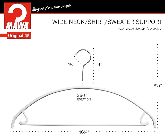 Mawa by Reston Lloyd Non Slip Metal Clothing Hanger, Smooth Shoulder Support with Skirt Hooks/Pant Bar, Model 42-U, White, Pack of 5