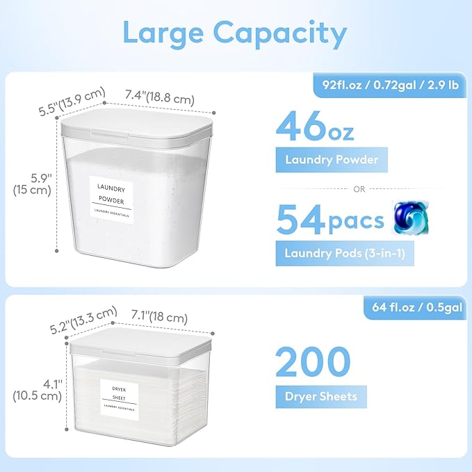 Lifewit 5 Pcs Laundry Pods Container with Pop-up Lid, Dryer Sheet Holder, Laundry Room Organization Storage Jars for Washing Powder, Soap, Scent Booster Beads, 2700 +4500ml/0.72+1.2gal