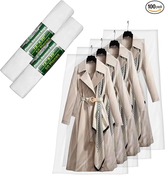 PARTY BARGAINS 72 x 20 Inch Disposable Clear Garment Bags, 100 Pack – Heavy-Duty Plastic Clothes Covers for Suits Dresses Coats, Closet & Travel