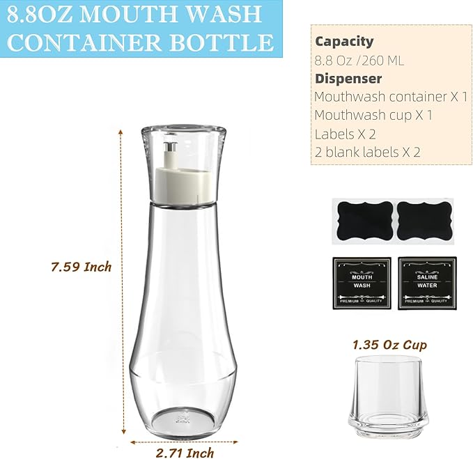 1 Pack Glass Mouthwash Dispenser for Bathroom, 8.8oz Mouth Wash Container Bottle with Lid Cup, Clear Refillable Bathroom Containers for Countertop/4 Pcs Label