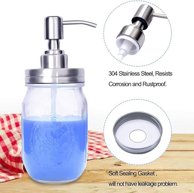 2 Pack Mason Jar Soap Dispenser Lids with Pumps, Rustproof Stainless Steel Lotion Dispenser Lids Replacement for 16 oz Regular Mouth Mason Jar Decor, 2 Brushes Included Silver