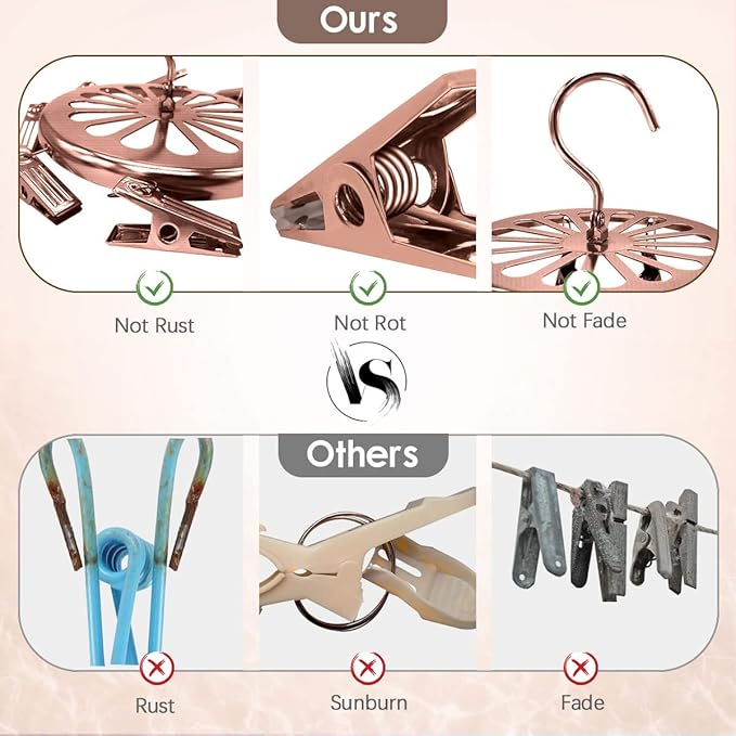Drying Rack Portable Laundry Clothes Hanger Golden Stainless Steel Round Hanging with 8 Clips for Drying Socks, Hat, Pants, Baby Clothes, Bras, Masks, Underwear, Scarf, Gloves Hanger -Rose Gold
