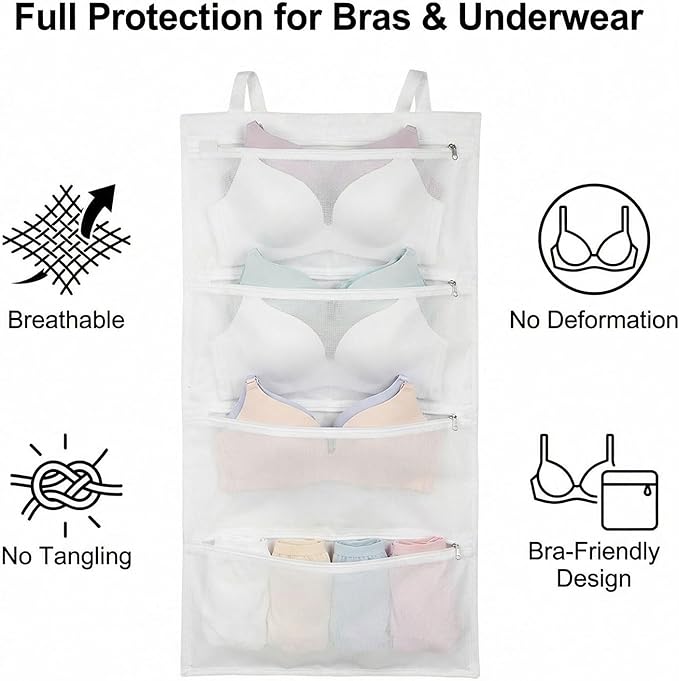 2 Pack Bra Laundry Bags for Washing Machine Bra Bags for Laundry 4-in-1 Mesh Bag for Washing, Drying, Storage and Dust Protection(A–D Cup Capacity)