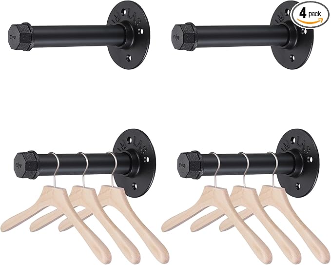 BTSKY 4 Pack Clothes Rack with Screws, 6 Inch Metal Industrial Pipe Clothes Bar for Hanging Clothes, Heavy Duty Wall Mounted Clothing Hanging Rod Shelving Brackets for Laundry Room Retail Store, Black