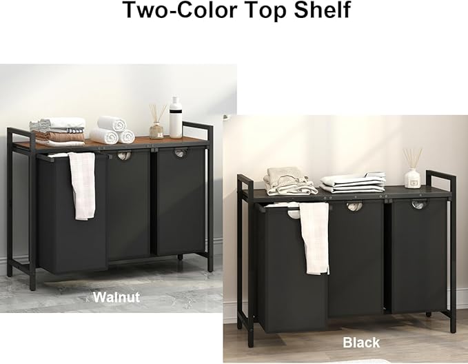 Laundry Hamper, Two -Color 3 Section Laundry Basket with 3 Removable Laundry Sorter Bags and Top Shelf, Clothes Hamper for Laundry Room, Bathroom