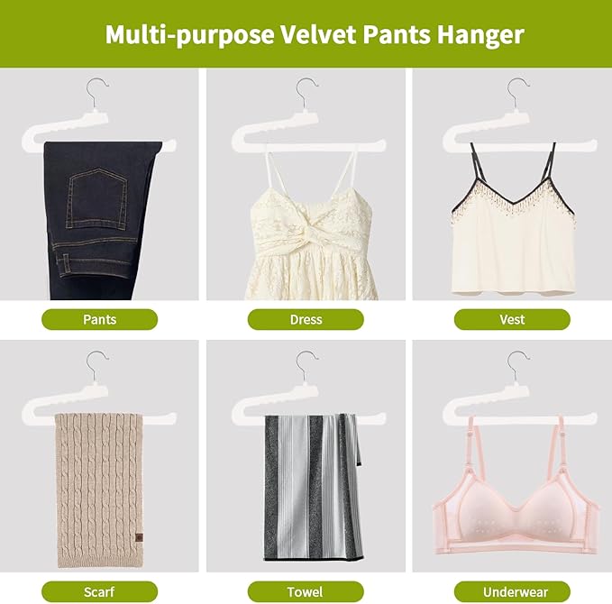 ManGotree Non Slip Velvet Pants Hangers, Open Ended Felt Jean Hangers for Closet Organizer, Heavy Duty Space Saving for Trousers, Slacks, Shorts, Dress, Scarf (20 Pack, Ivory)