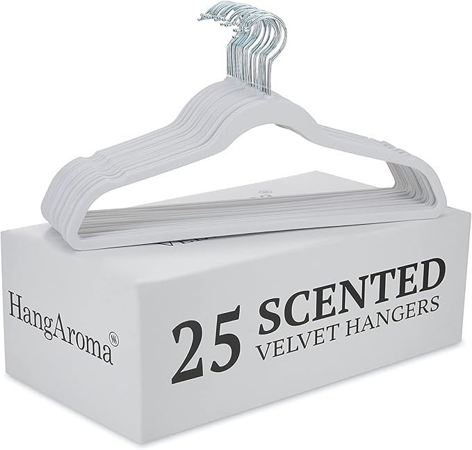 Non-Slip Scented Velvet Hangers - Heavy Duty Clothes Hanger - Ultra Thin Space Saving 360 Degree Swivel Hook - Ideal for Coats, Jackets, Pants, & Dress - Cotton Blossom - 25 Pack