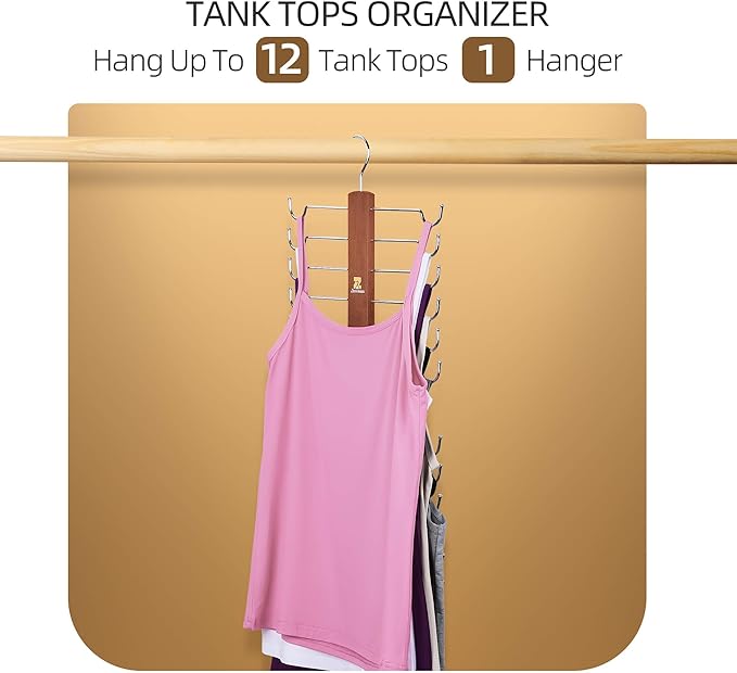 ZEDODIER Tank Top Hanger，2 Pack Wooden Bra Organizer for Closet, 12 Storage Capacity, Top 360° Rotation, Hanging Space Saving Hook for Tank Tops, Sport Bras, Camisoles, Lingeries, Vintage