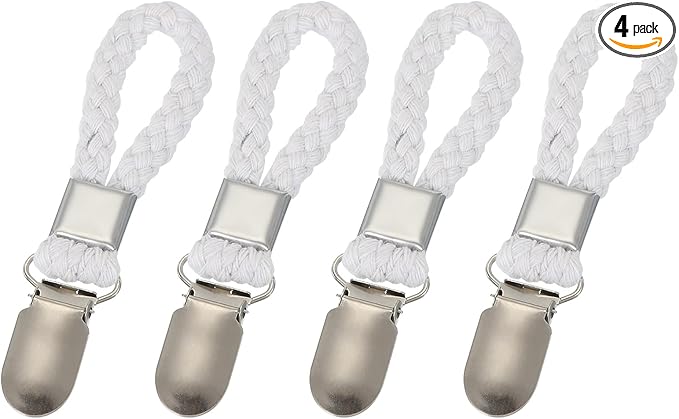 uxcell 4 Pcs Tea Towel Clips with Cotton Loop for Hanging, 4.3 Inch Metal Towel Hooks Multipurpose Cloth Hangers for Home Kitchen Bathroom, White