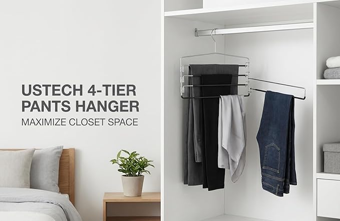 USTECH Arm Pants Hanger-4 Tier, Multi Tier Swing Hanger with Foam Padding & Removable Arm, Storage Organizer, Pack of 2