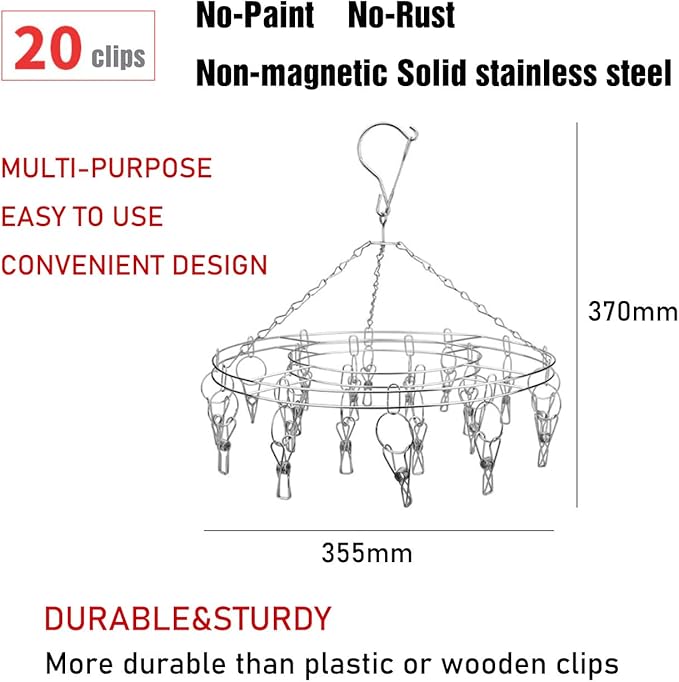 Clothes Drying Racks Clothes Clip Hangers with 20 Clips,Stainless Steel Hangers Clip Dry Hanger Laundry Rack for Drying Lingerie,Bras,Socks,Underwear,Baby Clothes,Brief,Scarf,Diaper,Towel (20 Clips)