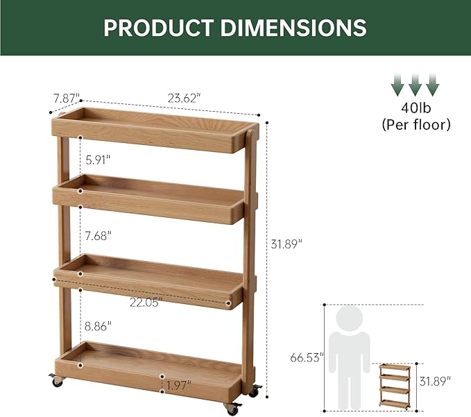 100% Solid Oak Art Storage Cart, 4-Tier Rolling Utility Cart with Wheels, Multifunctional Storage Trolley Shelving Unit on Wheels for Living Room Kitchen(Natural, 7.87"D x 23.62"W x 31.89"H)