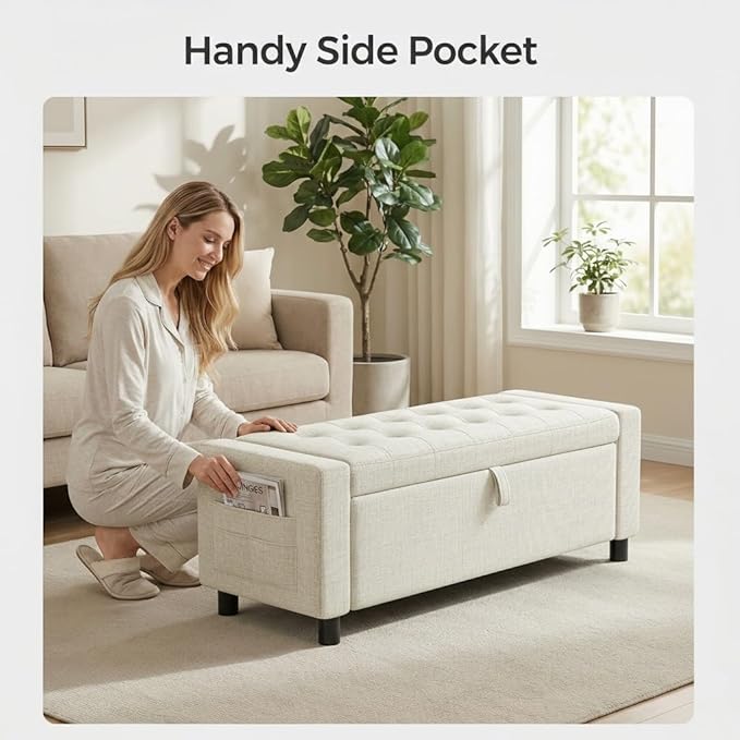 Amada 46" Storage Ottoman Bench with Safety Hinge, Hidden Compartment & Side Pocket - Upholstered End of Bed/Entryway Bench for Bedroom & Living Room, 400 lbs Weight Capacity, Beige