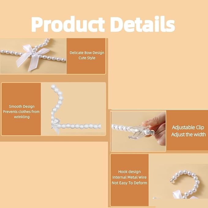 13 inch Pearl Hanger Pants Hangers with Clip,Cute Ribbon Bow Hanger Clip Hangers for Wedding Dress Bride Bridesmaid Lingerie (5, White)