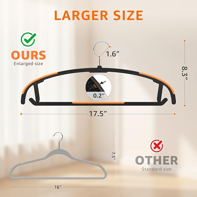Yolife Plastic Clothes Hangers 50 Pack with Non-Slip Pads, 17.5" L × 8.3" H Heavy Duty Hanger with 360° Swivel Metal Hook, Slim Space Saving Hangers for Closet Organizer, Black & Orange
