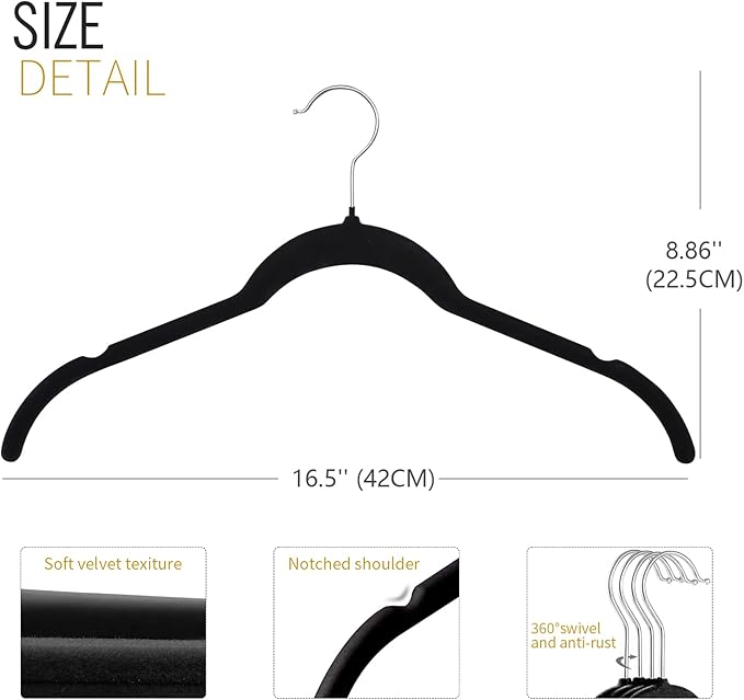 ManGotree Velvet Shirt Hangers for Women, 16.5'' Suit Hangers with Shoulder Groove, Non-Slip Dress Clothes Hanger for Coats, Tank Tops, Shirts, Blouses, Shorts (22 Pack, Black)