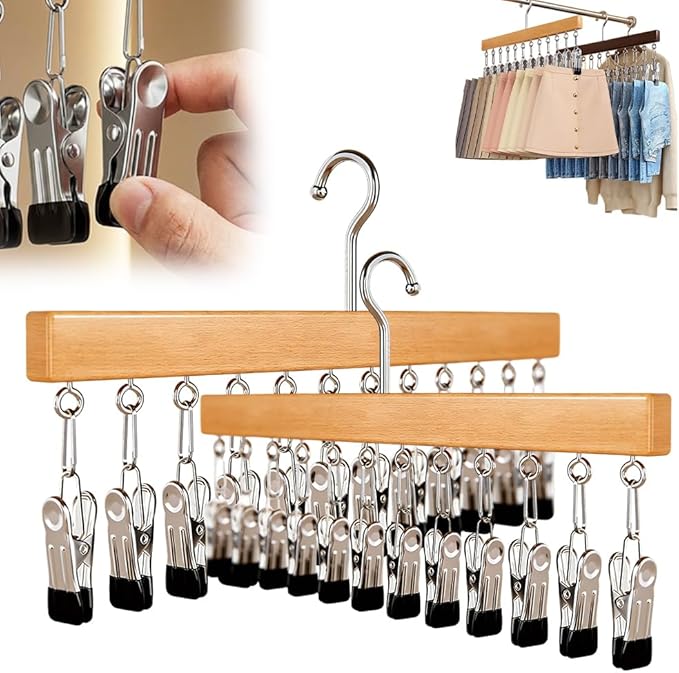 Closet Organizer with 12 Clips, Legging Organizer for Closet, Leggings, Jeans, Hats, Shorts, Socks, 360° Rotating Space Saving Hanging Clothes (Brown 12 Clips, 2Pcs)