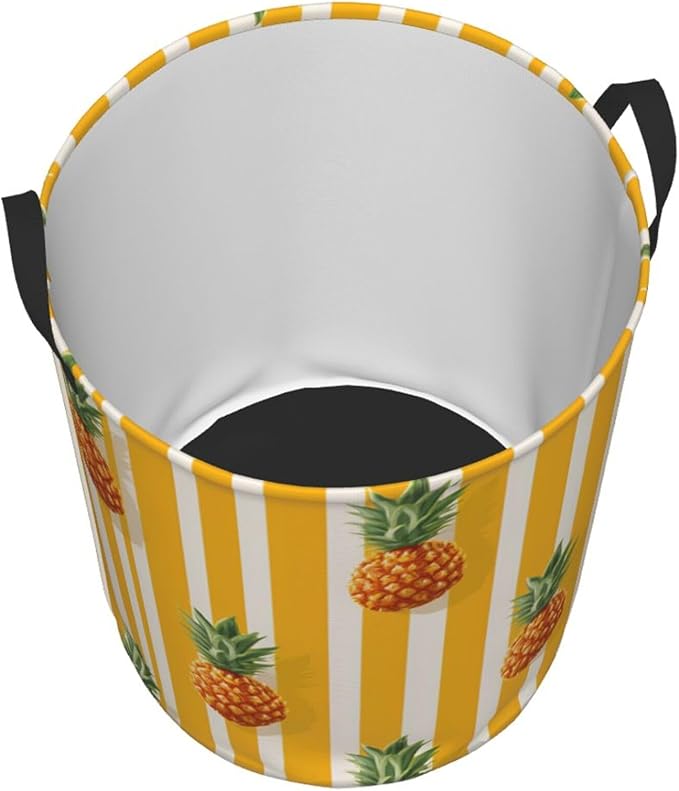 Tropical Pineapple Pattern with Yellow Stripes, Polyester Storage Basket, For Bathroom/Laundry Storage/Bedroom 19.6x15.7 Inch